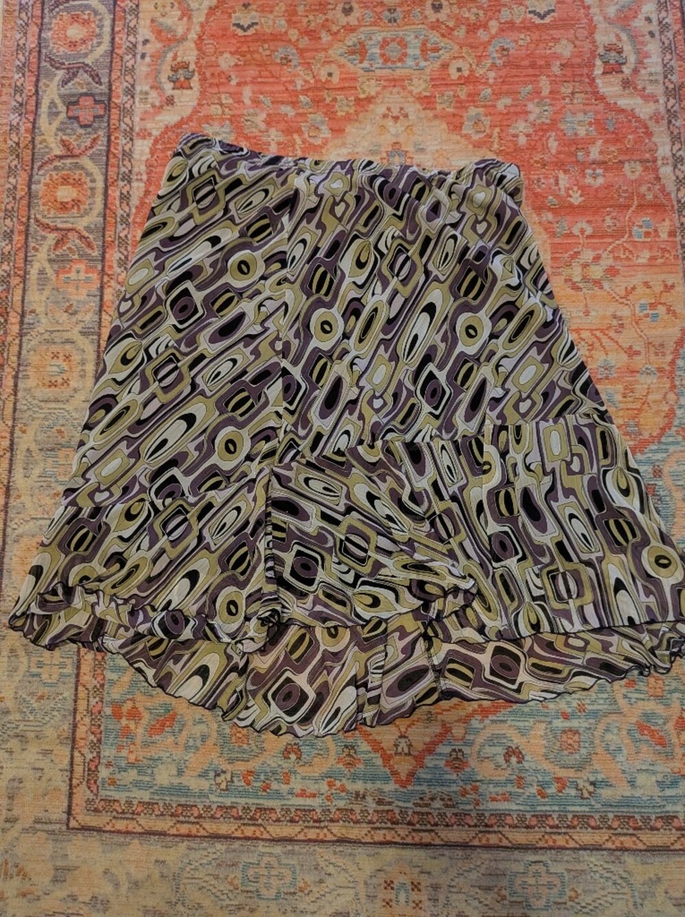 Womens Geometric Print Ruffle Skirt - Purple and Green